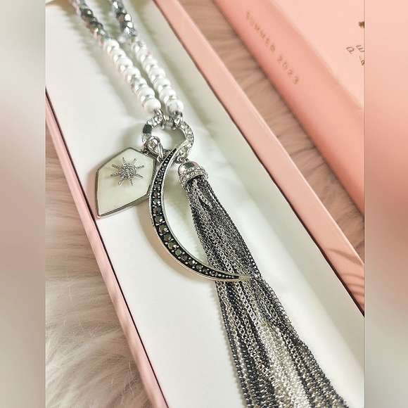 NWT Bomb Party 'Under the Moon & Stars' Howlite & Pearl 30" Pendant Necklace - Picture 3 of 8